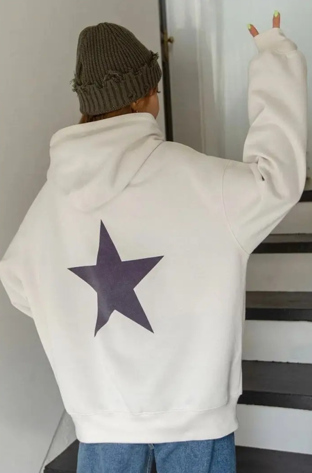 Y2K Star Detail Baskılı Kapşonlu Sweatshirt