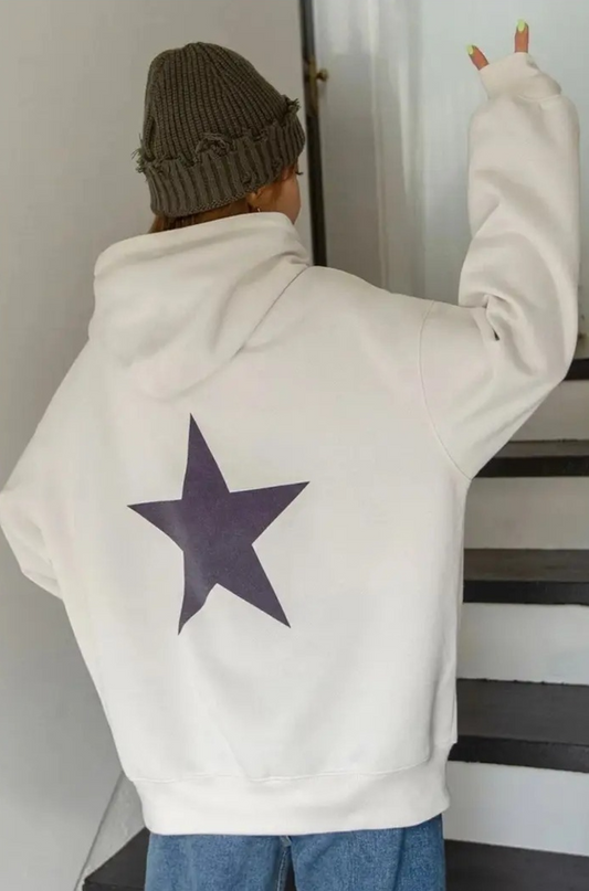 Y2K Star Detail Baskılı Kapşonlu Sweatshirt