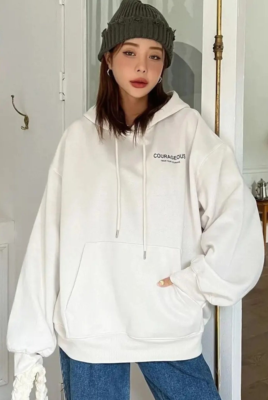 Y2K Star Detail Baskılı Kapşonlu Sweatshirt