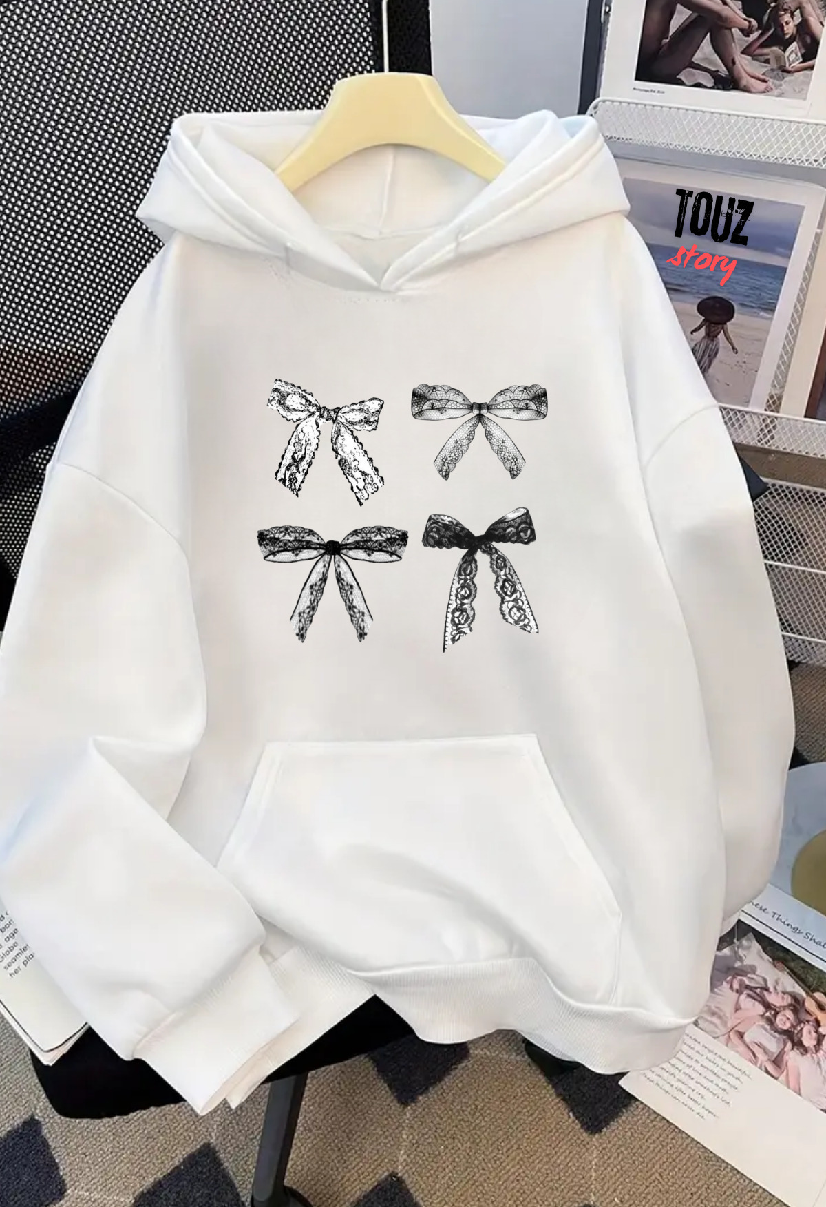 Y2K Ribbon Detail Baskılı Kapşonlu Sweatshirt