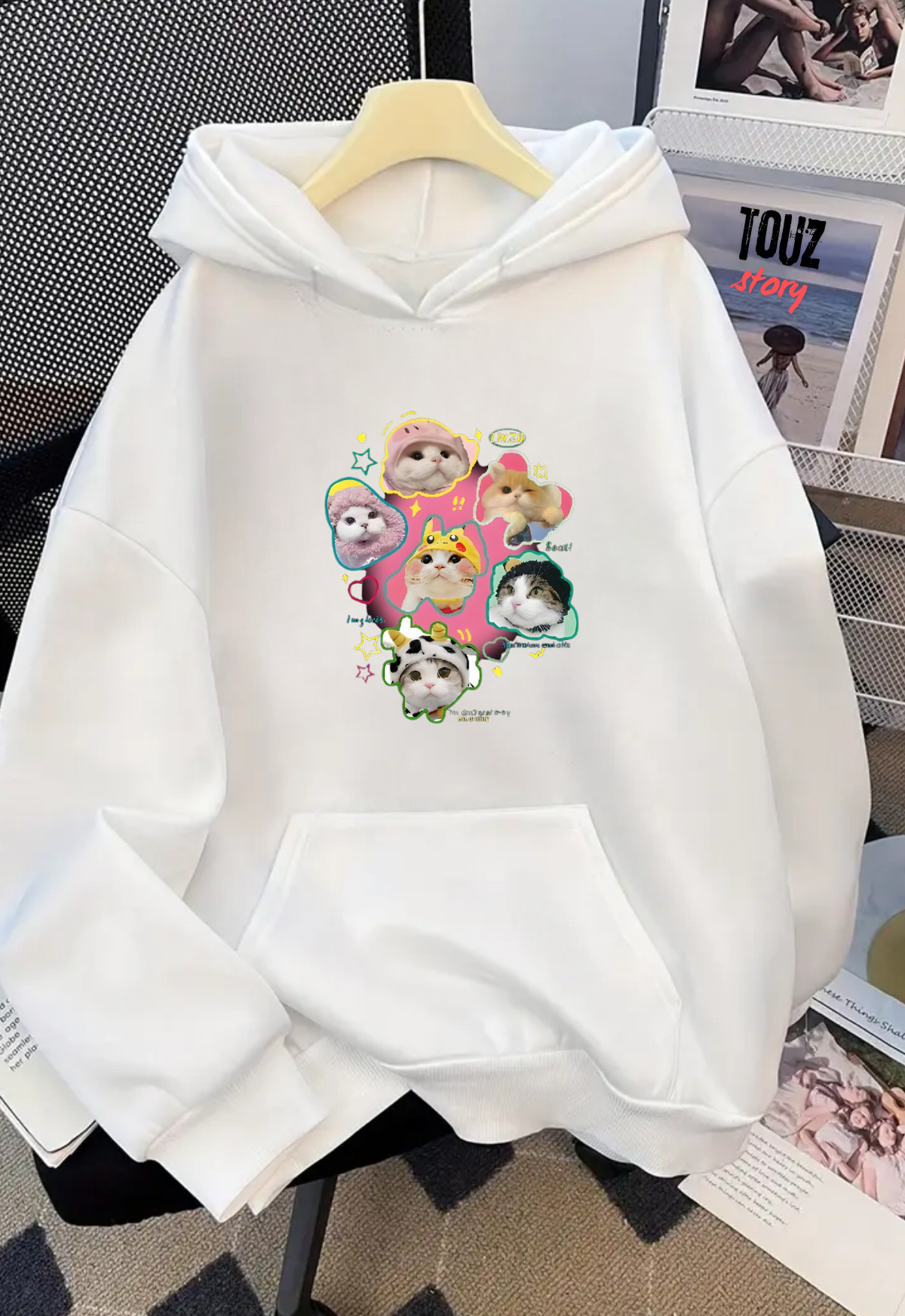 Y2K Cats Detail Baskılı Kapşonlu Sweatshirt