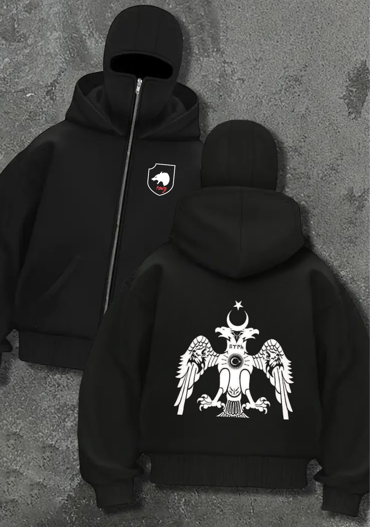 TÜRK Oversize Fermuarlı Siyah Unisex Kapüşonlu Hırka