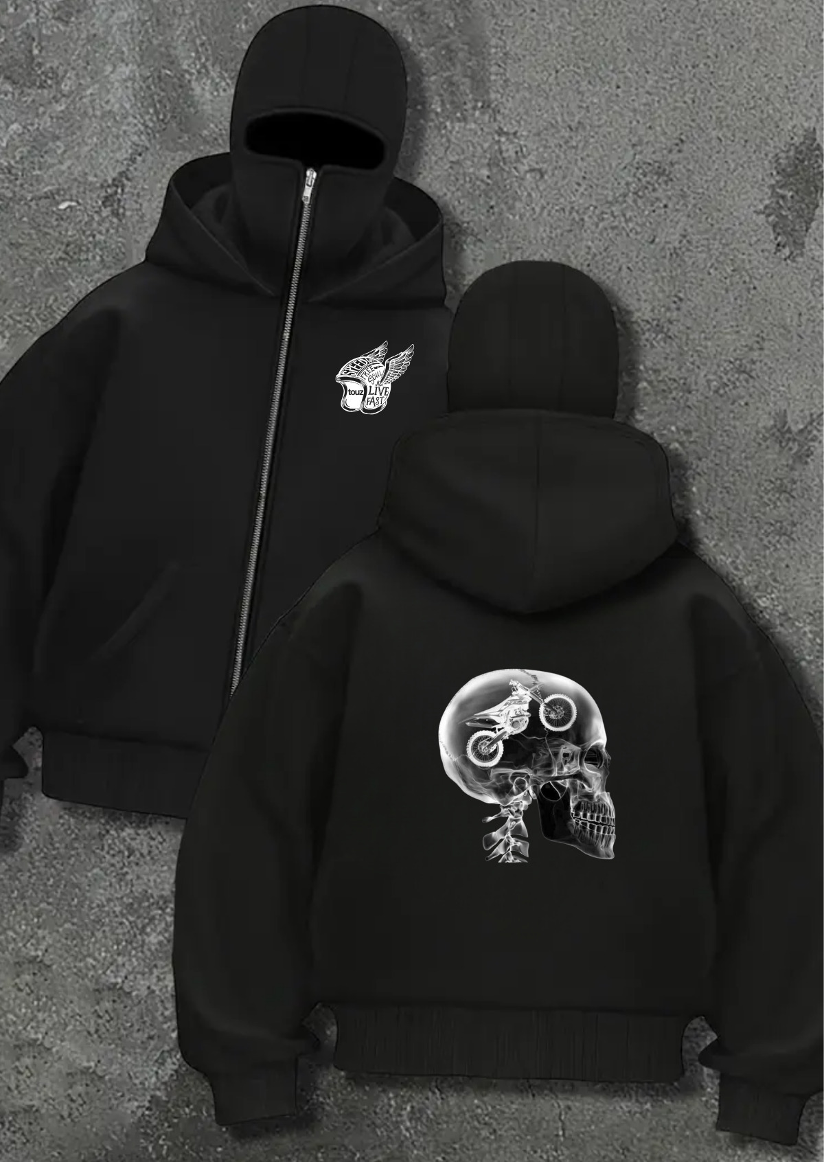 Motorbike Detaylı Oversize Fermuarlı Siyah Unisex Kapüşonlu Hırka