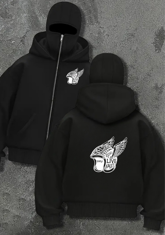 Motorbike Detaylı Oversize Fermuarlı Siyah Unisex Kapüşonlu Hırka