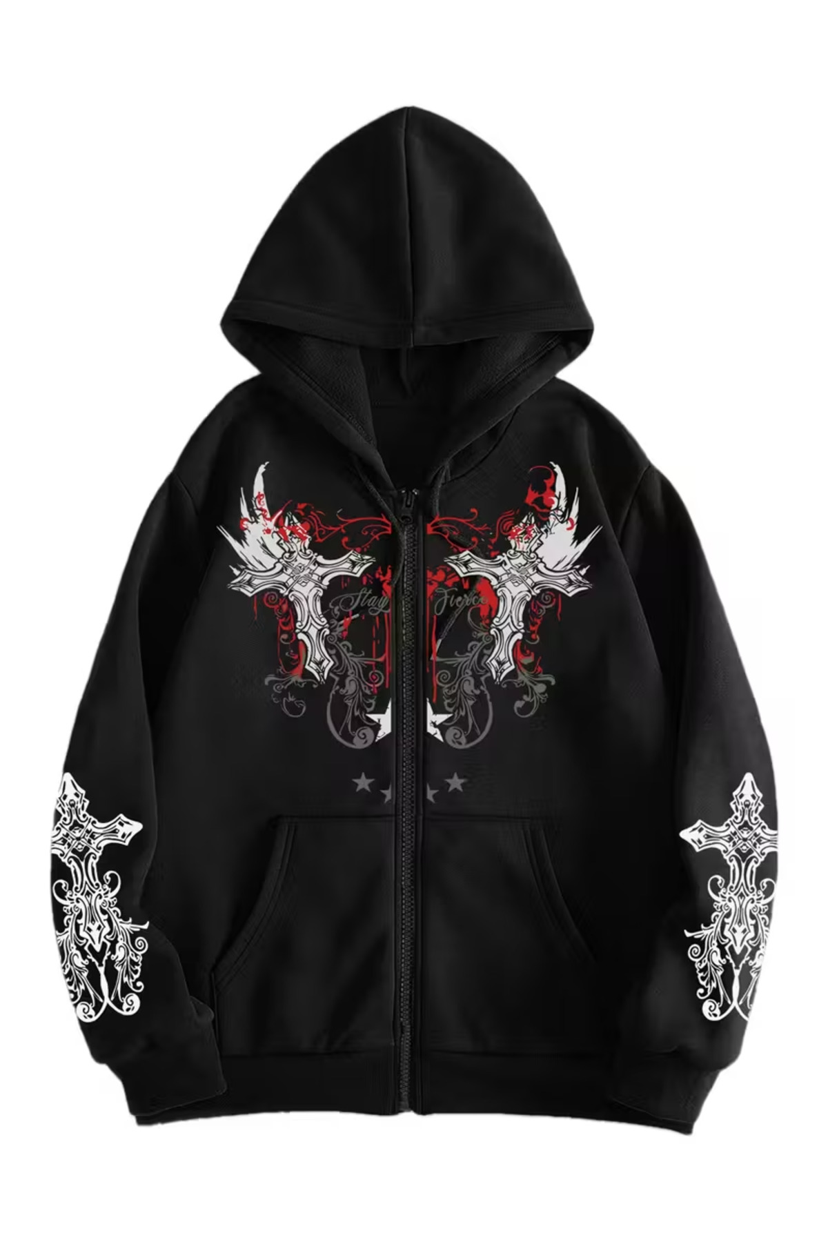 Gothic Baskılı Oversize Fermuarlı Siyah Unisex Kapüşonlu Hırka