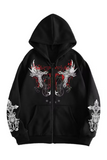Gothic Baskılı Oversize Fermuarlı Siyah Unisex Kapüşonlu Hırka