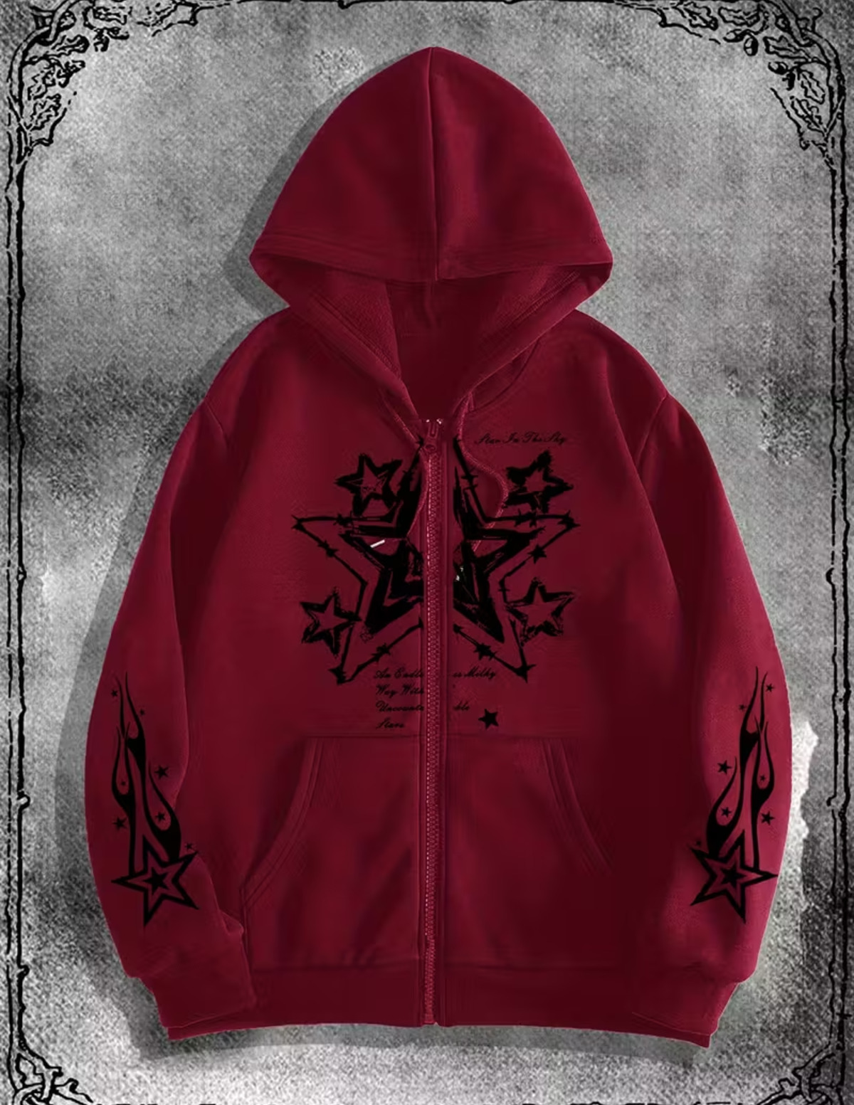 Gothic Star Design Oversize Fermuarlı Siyah Unisex Kapüşonlu Hırka