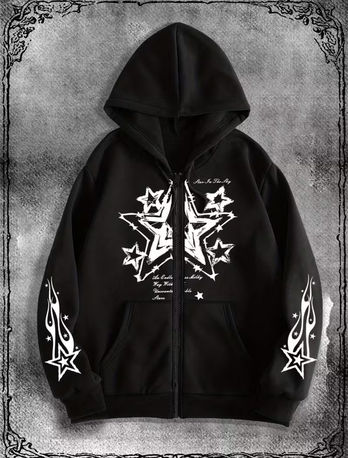 Gothic Star Design Oversize Fermuarlı Siyah Unisex Kapüşonlu Hırka