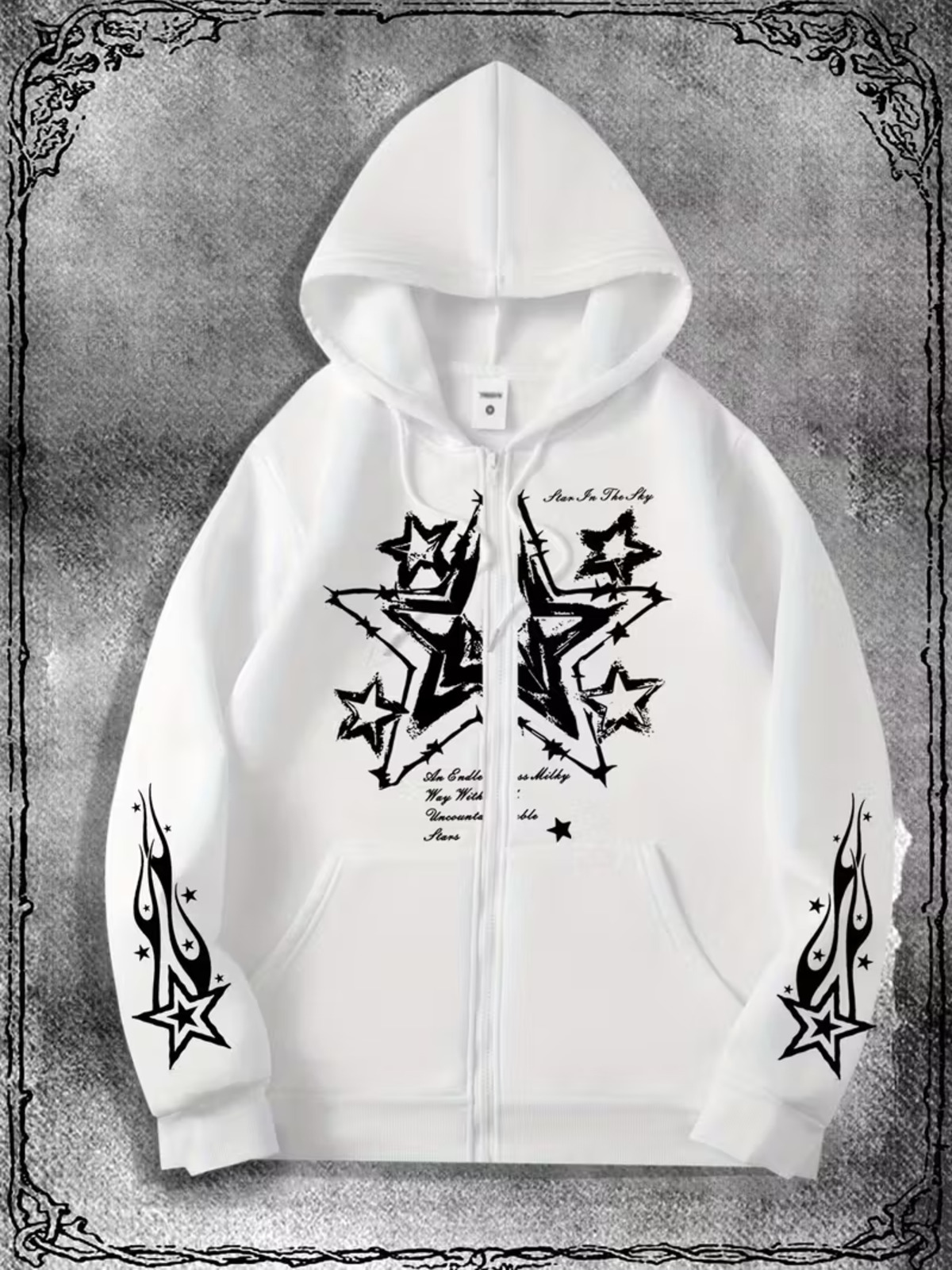 Gothic Star Design Oversize Fermuarlı Siyah Unisex Kapüşonlu Hırka