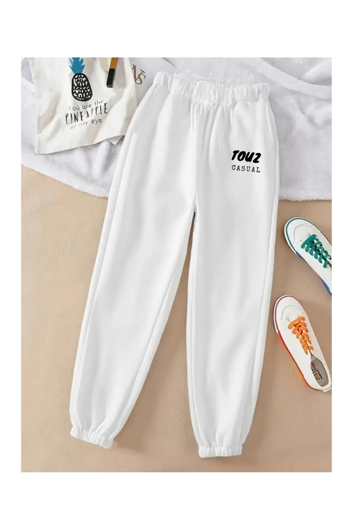 Casual Baskılı Unisex Beyaz Paça Lastikli Eşofman Altı