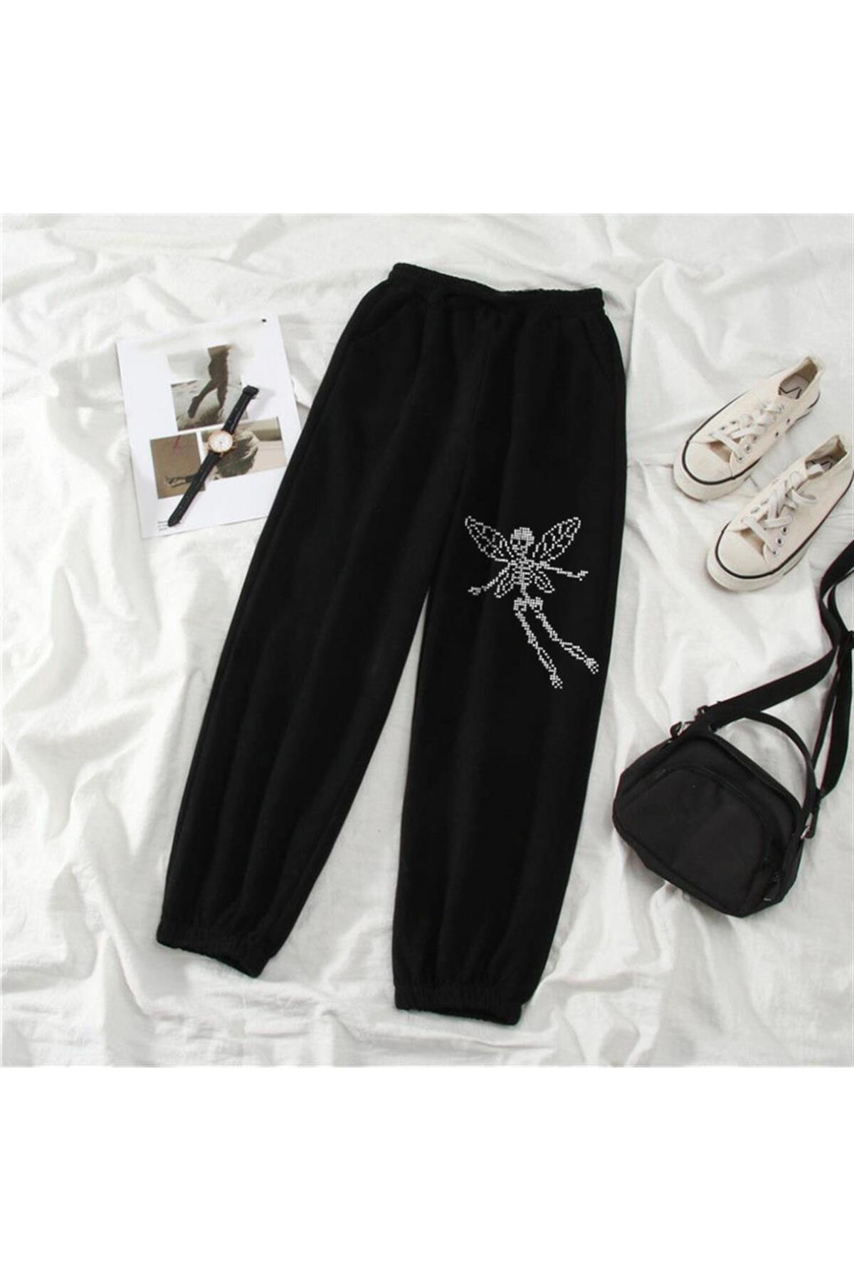 Pixelated Skeleton Baskılı Oversize Unisex Siyah Eşofman Altı