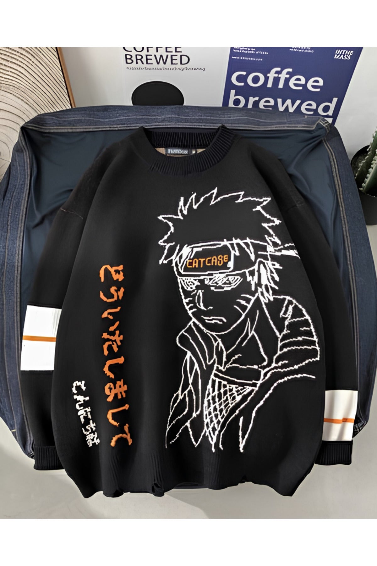 Naruto Anime Çizim Detaylı Siyah Oversize Triko Kazak - Siyah