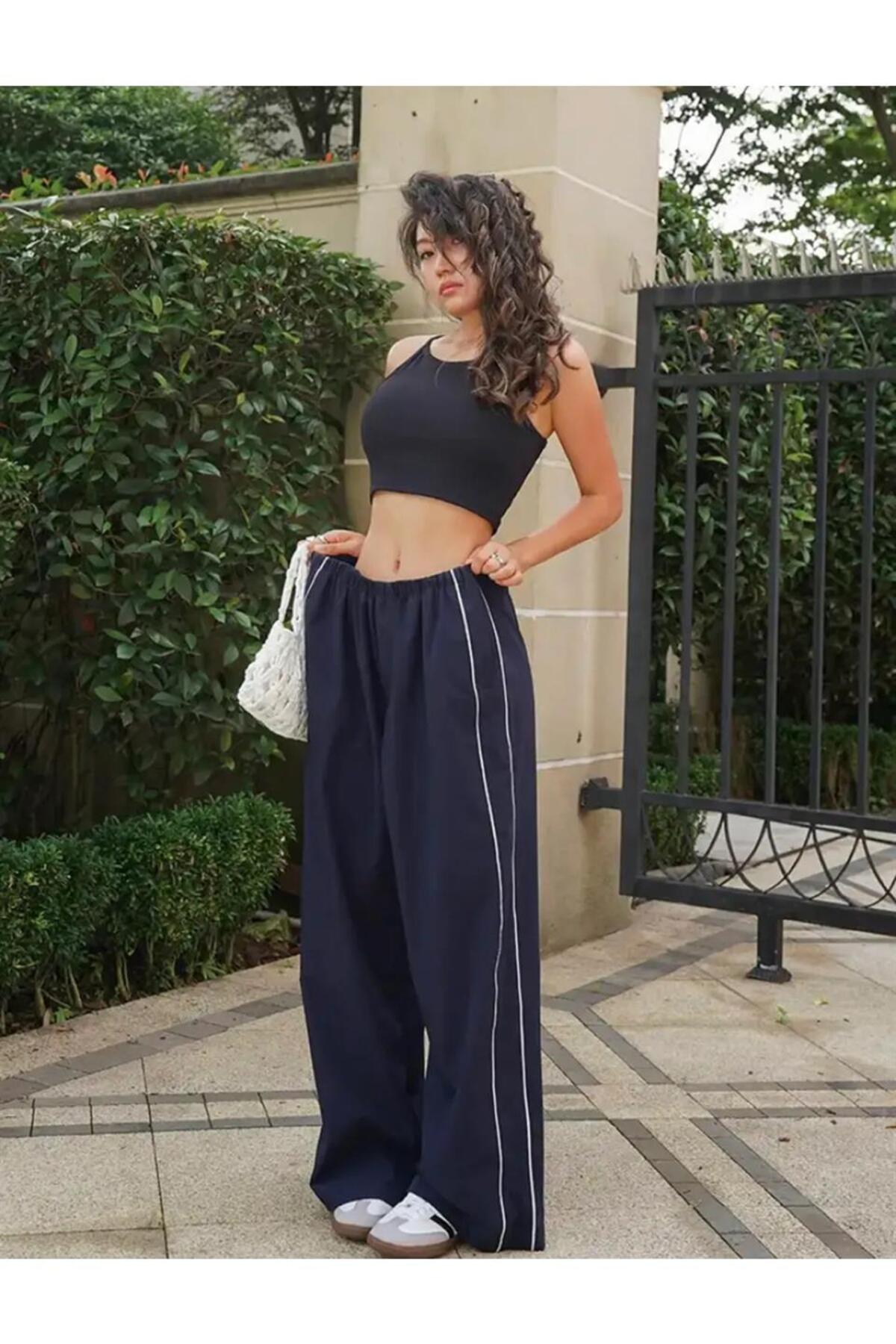 Harajuku Zip Detail Çift Çizgili Navy Blue Tracksuit Oversize Lacivert Eşofman Altı