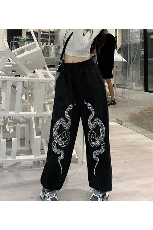 Gothic Snake Baskılı Oversize Unisex Siyah Eşofman Altı