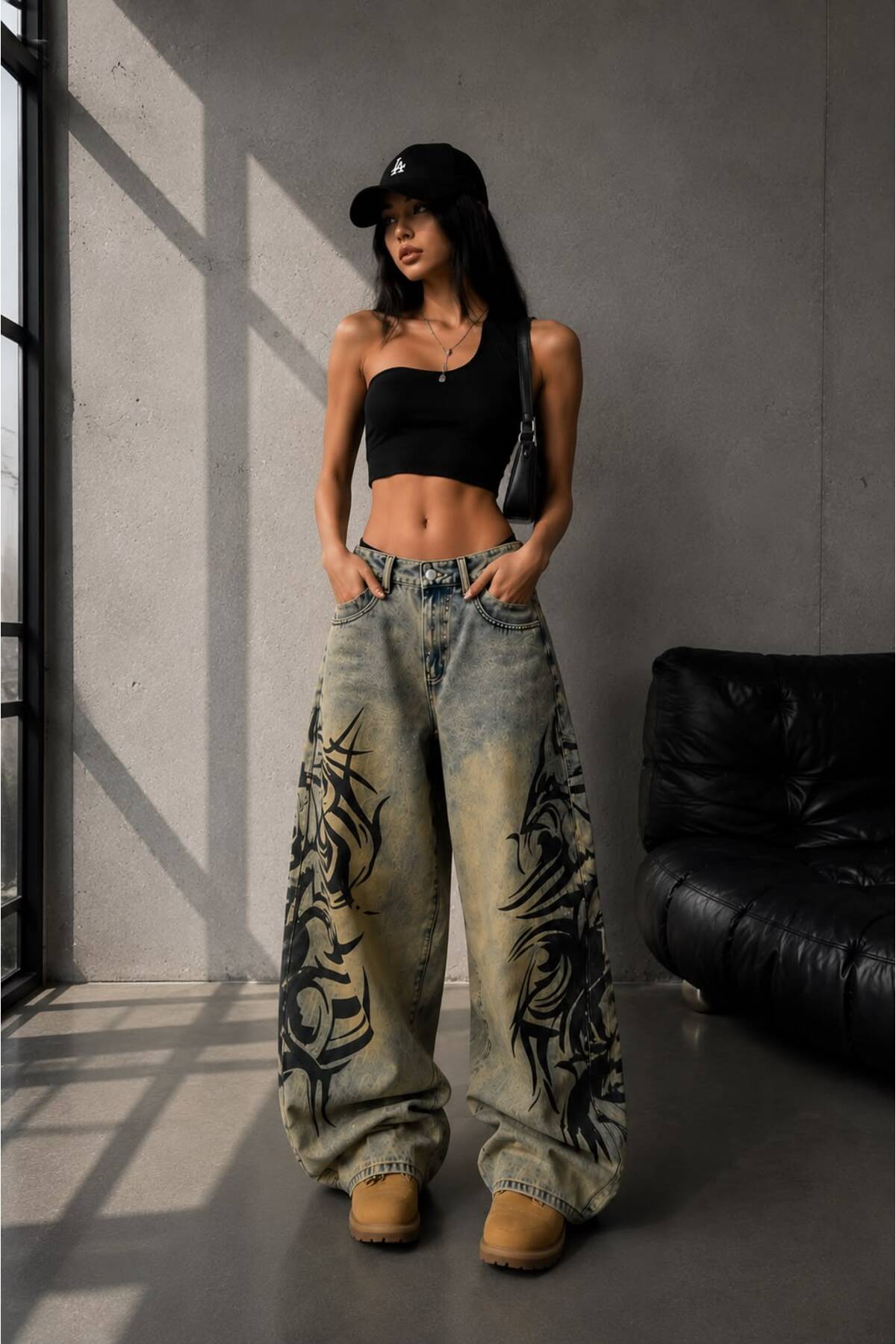 Gothic Print Baskılı Harajuku Y2K Baggy Jean Pantolon