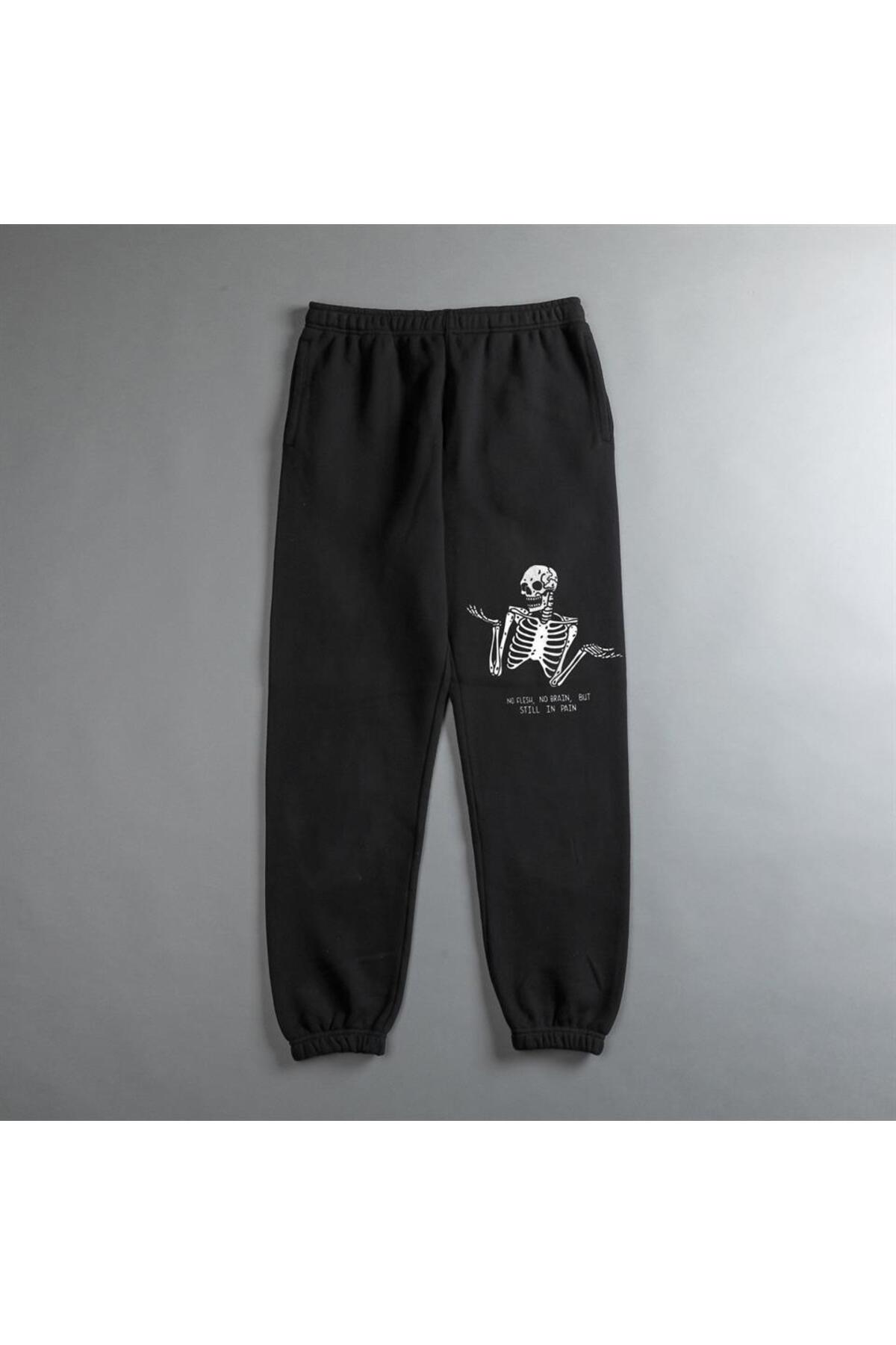 Gothic Confused Skeleton Baskılı Oversize Unisex Siyah Eşofman Altı