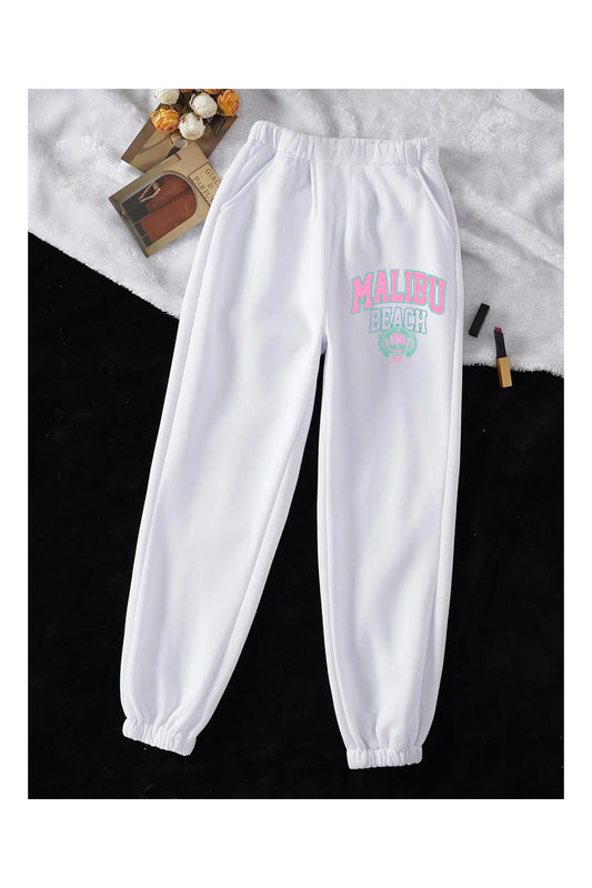 Malibu Beach Baskılı Unisex Beyaz Paça Lastik Eşofman Altı