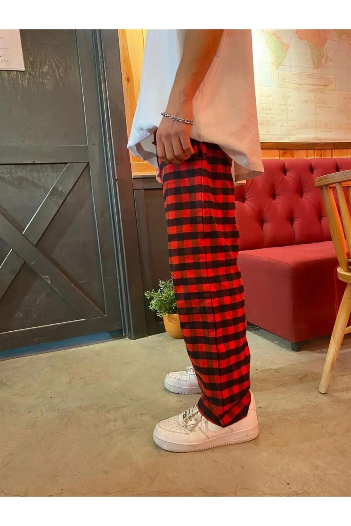 Kırmızı Siyah Kare Desenli Tracksuit Eşofman Altı