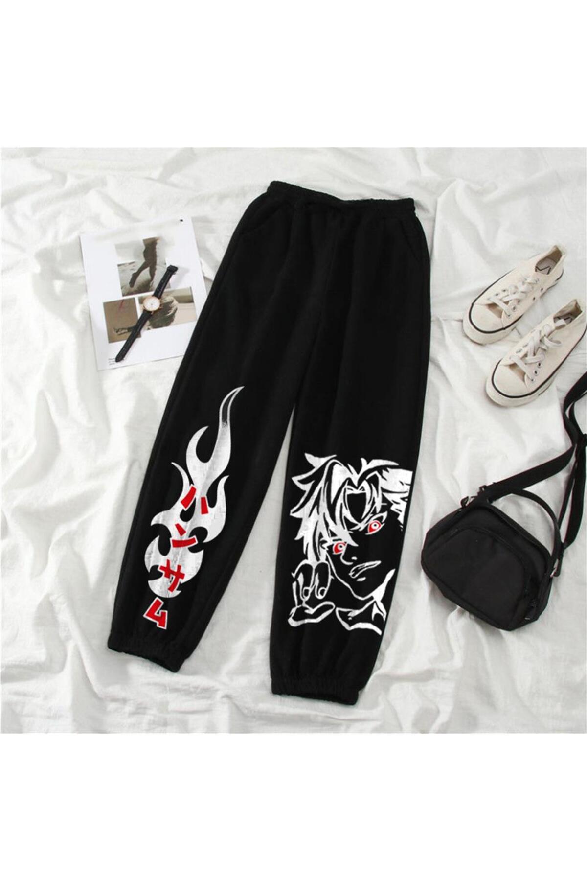 Harajuku Anime Boy Baskılı Oversize Unisex Siyah Eşofman Altı