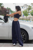 Harajuku Zip Detail Çift Çizgili Navy Blue Tracksuit Oversize Lacivert Eşofman Altı