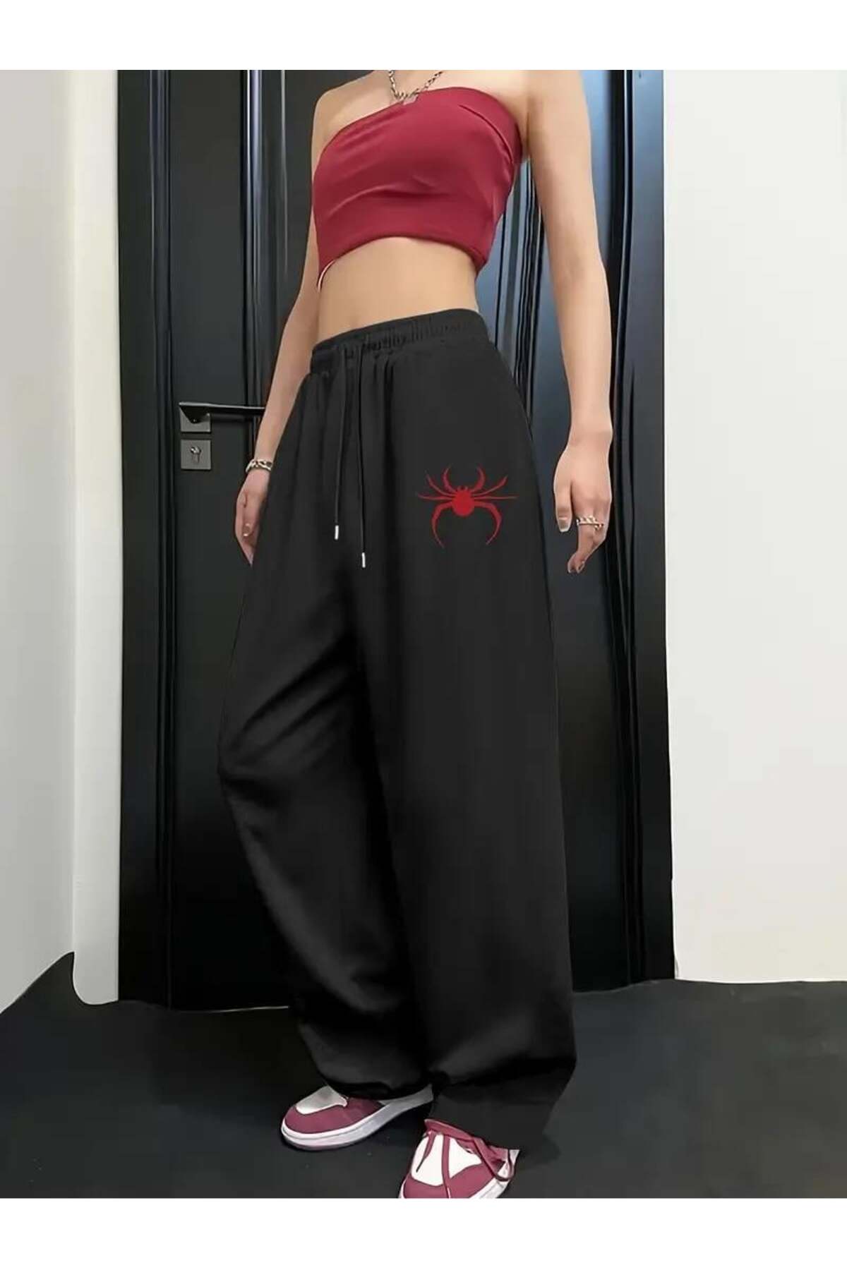 Sokak Tarzı Spider Baskılı Unisex Baggy Eşofman
