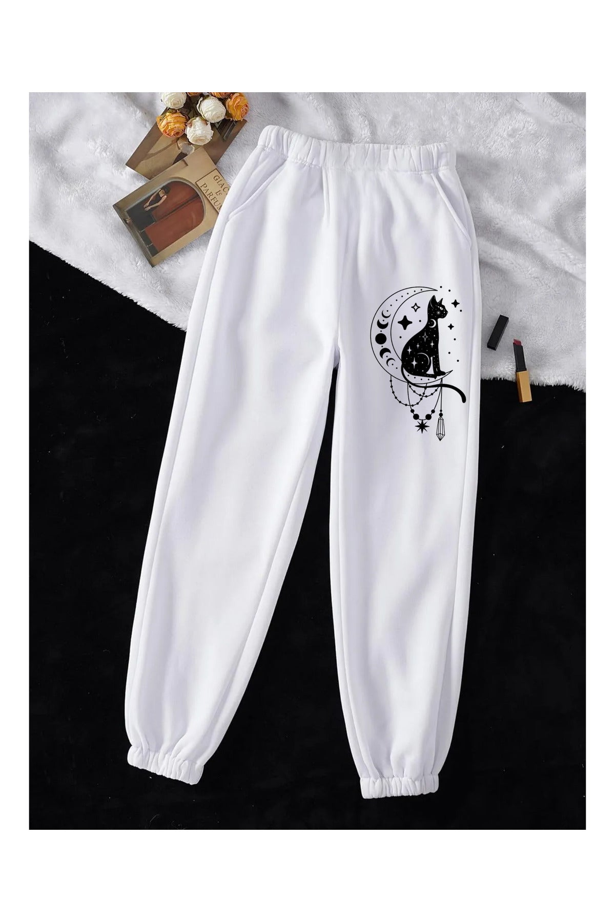 Black Cat Baskılı Unisex Beyaz Paça Lastikli Eşofman Altı