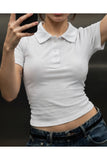Polo Yaka Düğmeli Kısa Kollu Crop T-Shirt - Beyaz