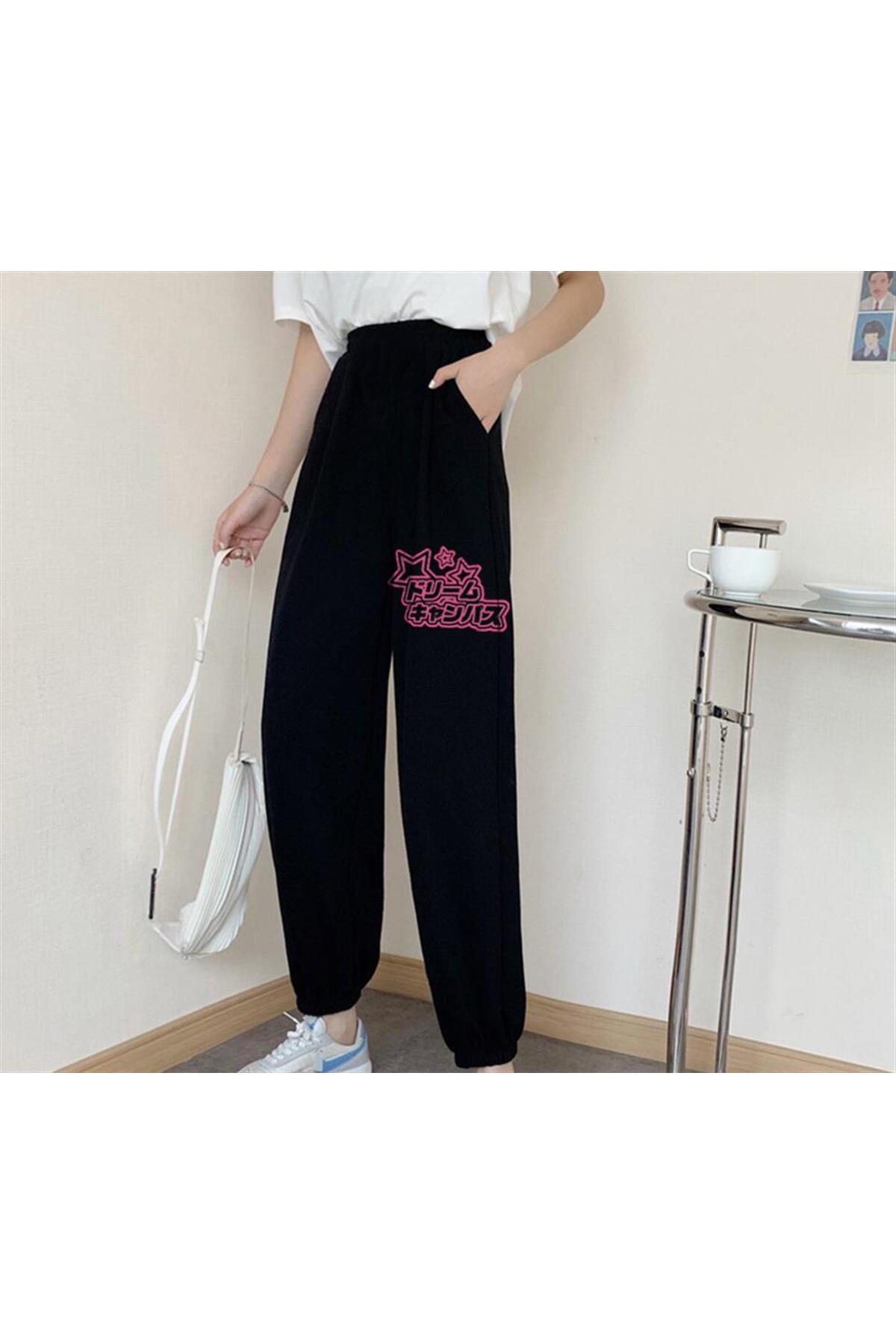 Harajuku Style Baskılı Oversize Unisex Siyah Eşofman Altı