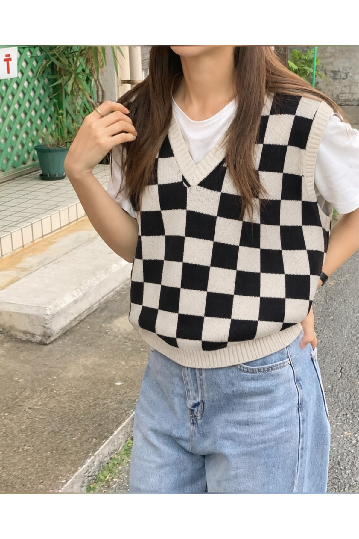 Harajuku Siyah Beyaz Kareli Oversize Unisex Süveter - Beyaz
