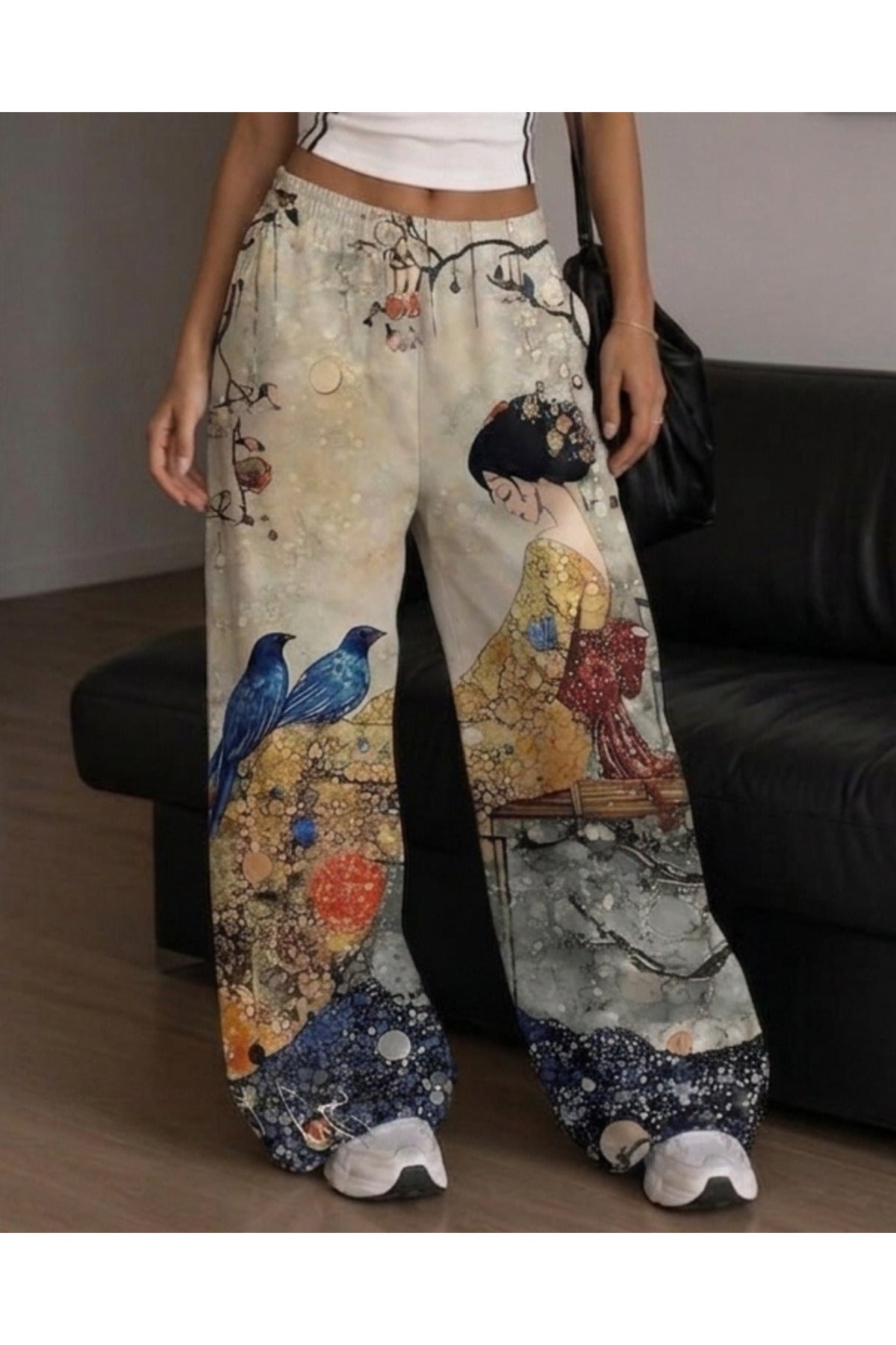 Japon Geisha & Bird Printed Unisex Baggy Eşofman