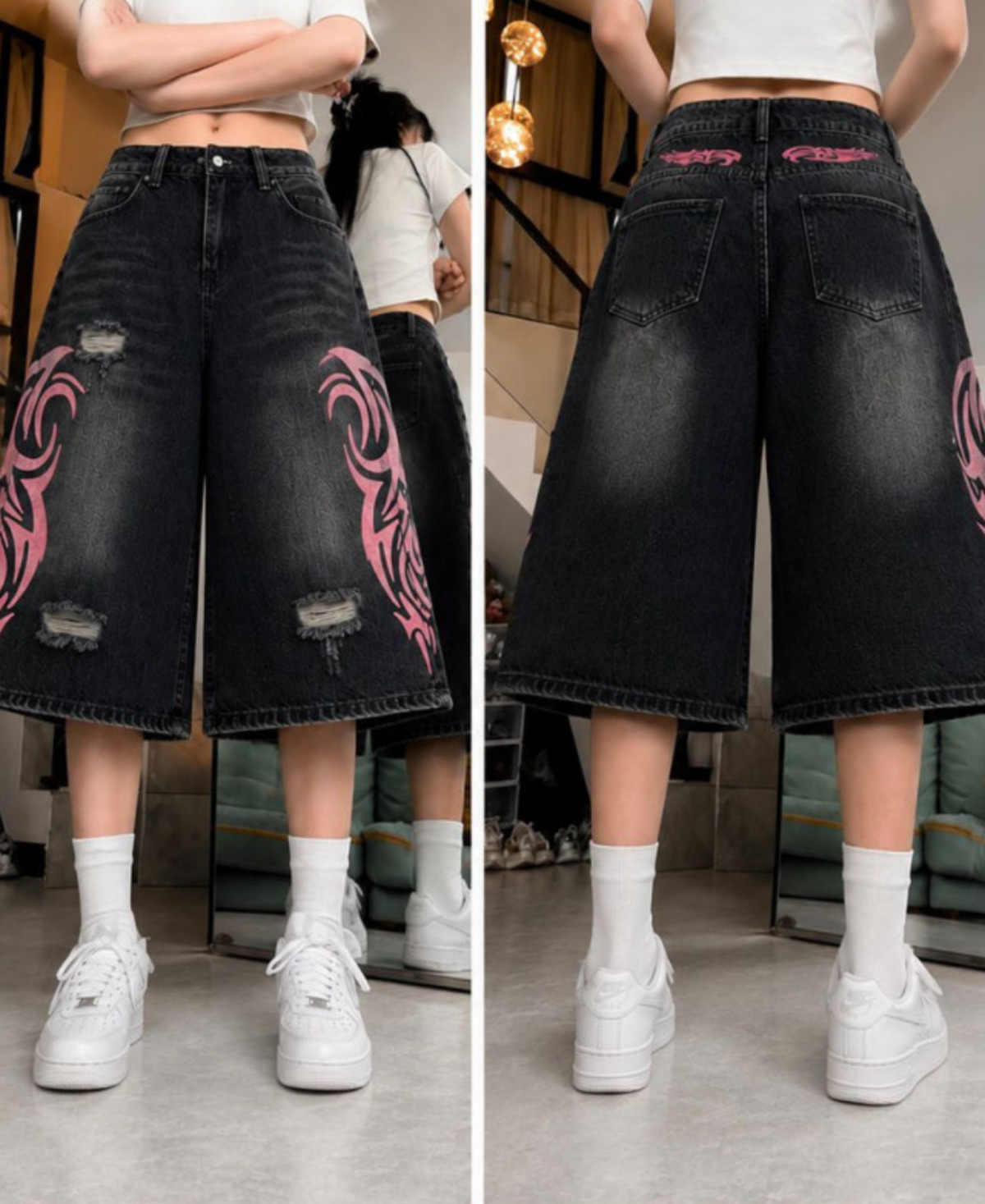 Siyah Taşlamalı Grunge Pembe Tribal Baskılı Harajuku Y2K Unisex Şort