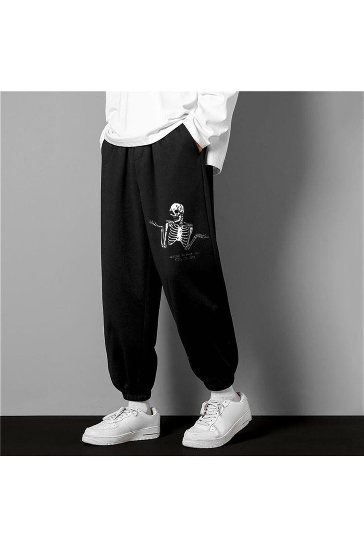 Gothic Confused Skeleton Baskılı Oversize Unisex Siyah Eşofman Altı