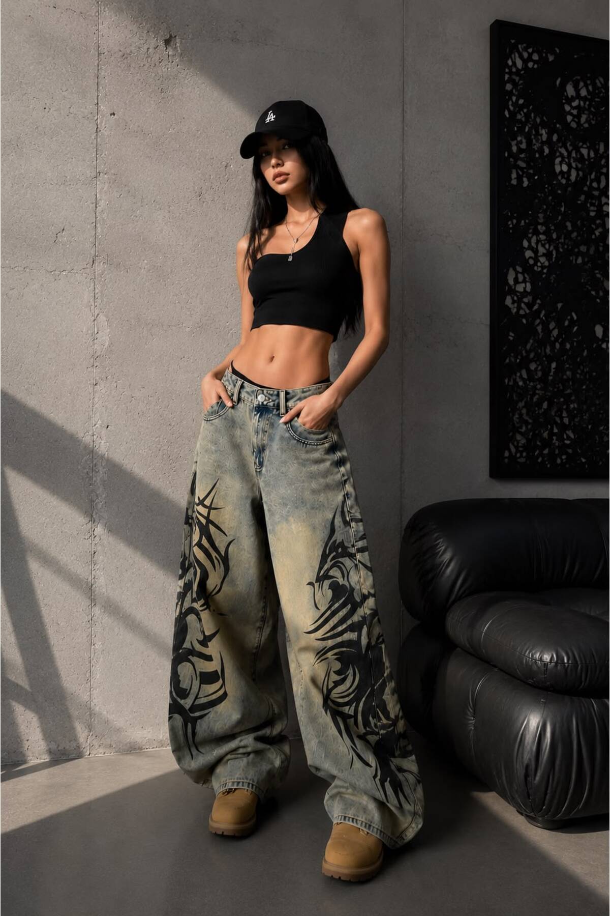 Gothic Print Baskılı Harajuku Y2K Baggy Jean Pantolon