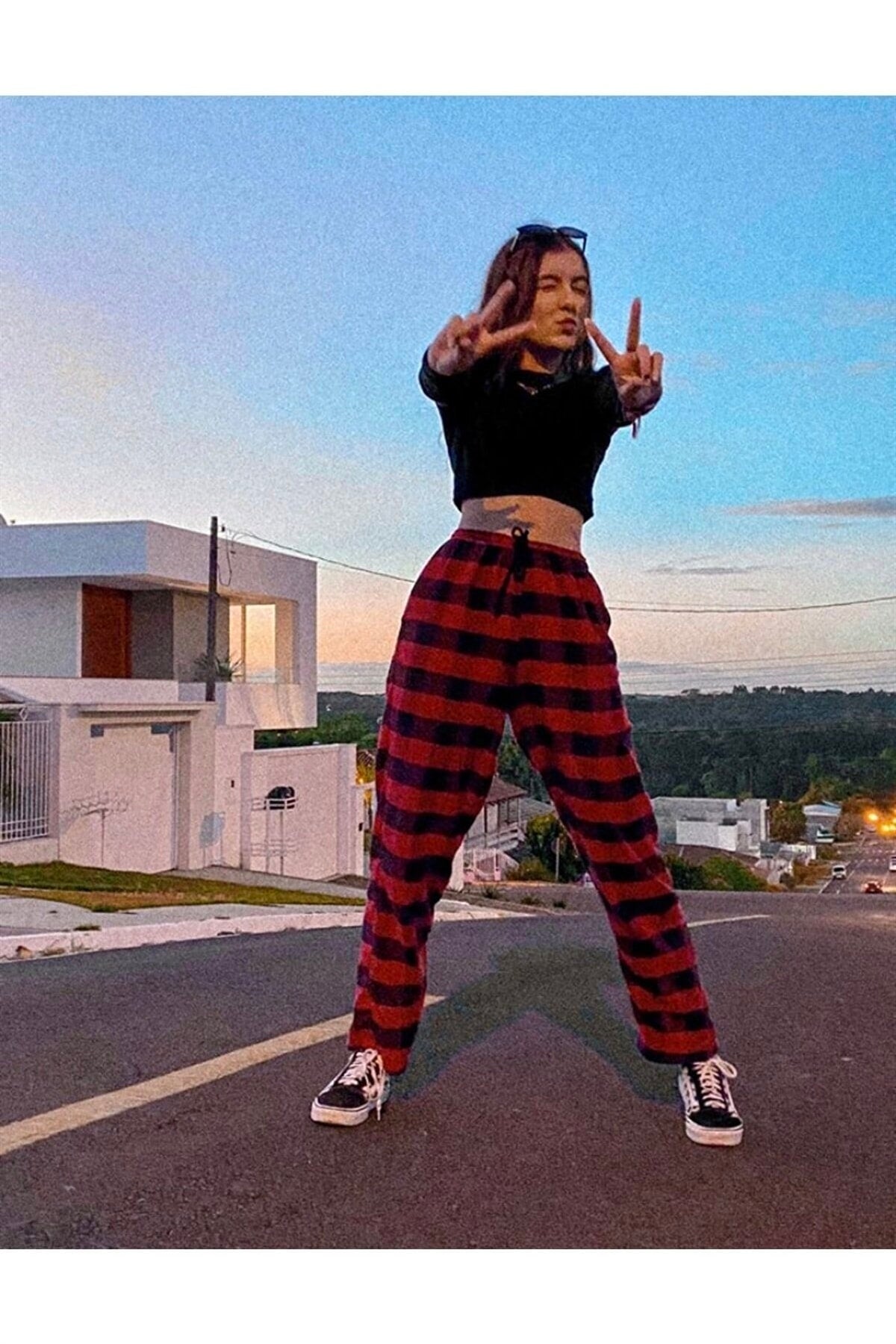 Y2k Unisex Beli Lastikli Detaylı Siyah Beyaz Ekose Pantolon