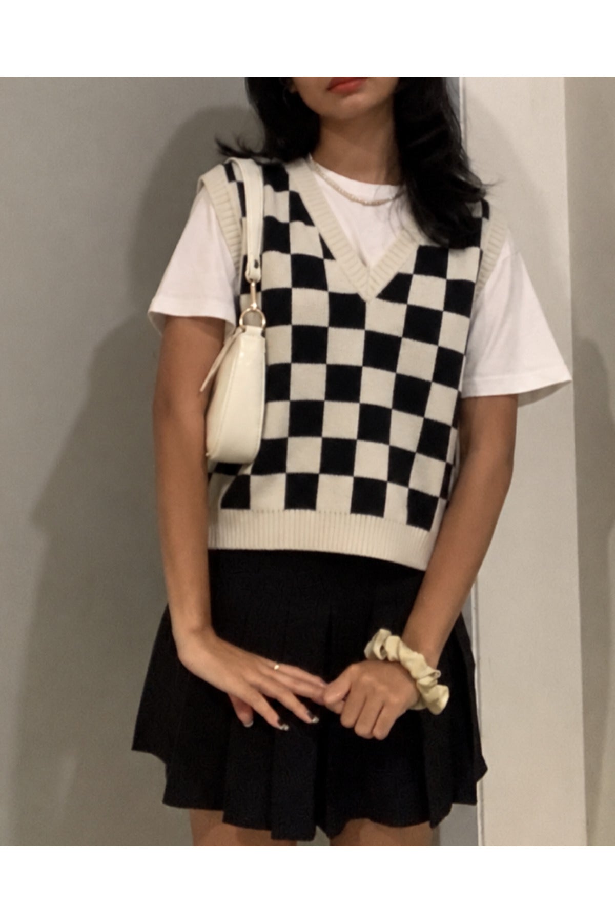 Harajuku Siyah Beyaz Kareli Oversize Unisex Süveter - Beyaz