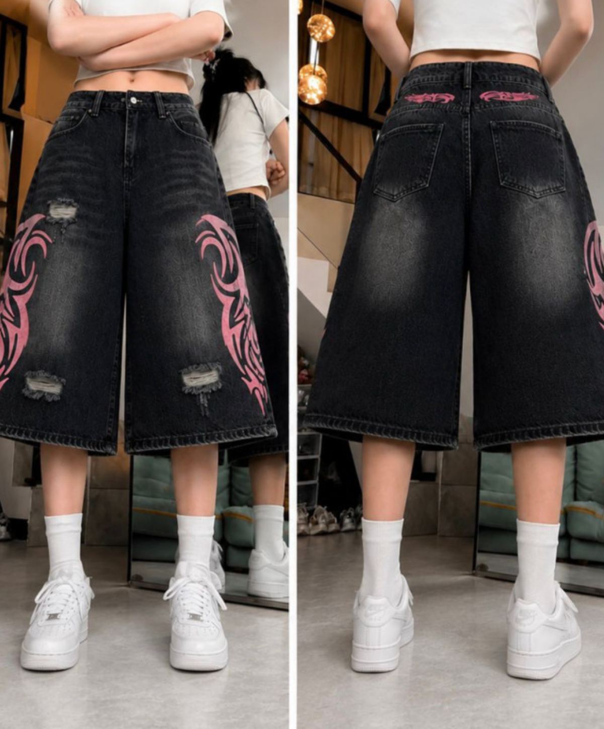 Siyah Taşlamalı Grunge Pembe Tribal Baskılı Harajuku Y2K Unisex Şort