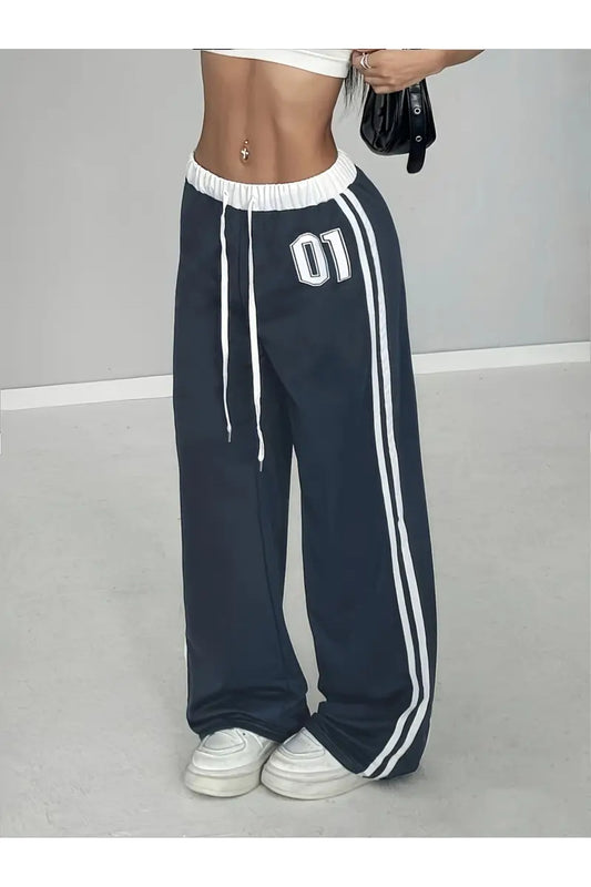 01 Number Oversize Bel İp Detaylı Lacivert Baggy Eşofman Altı