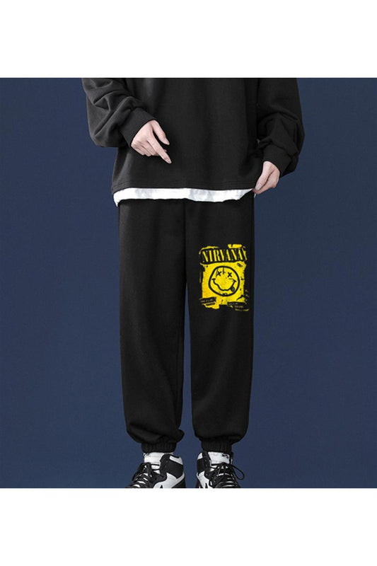 Rock Serisi Nirvana Smile Baskılı Oversize Unisex Siyah Eşofman Altı