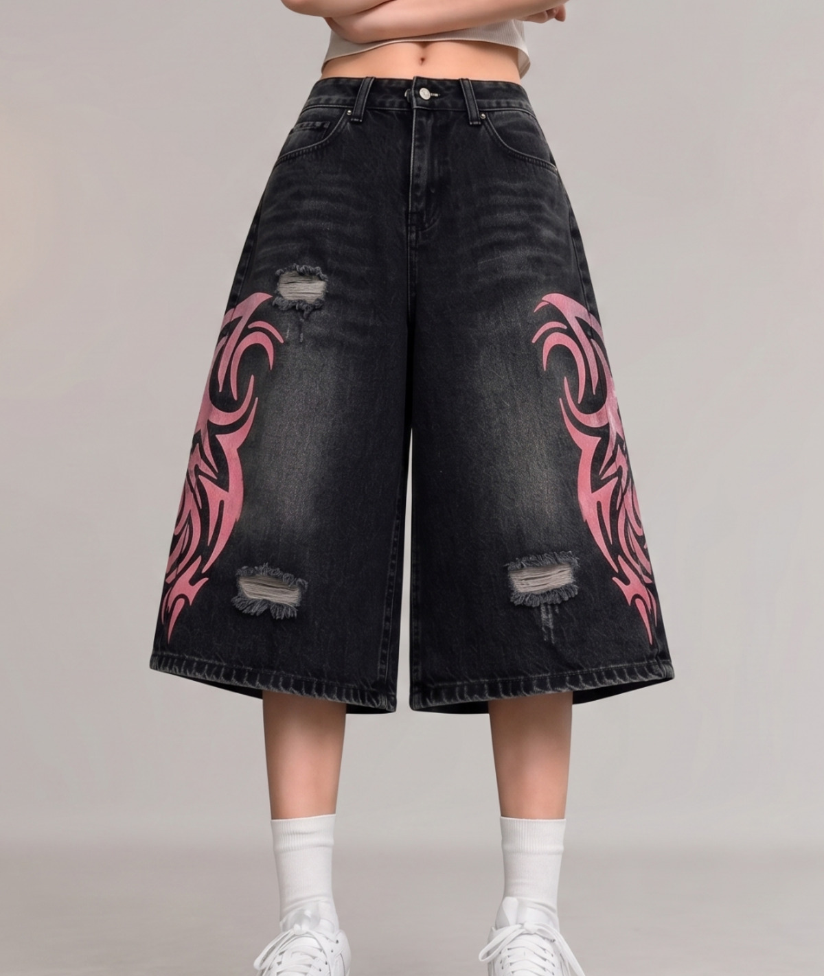 Siyah Taşlamalı Grunge Pembe Tribal Baskılı Harajuku Y2K Unisex Şort