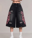 Siyah Taşlamalı Grunge Pembe Tribal Baskılı Harajuku Y2K Unisex Şort