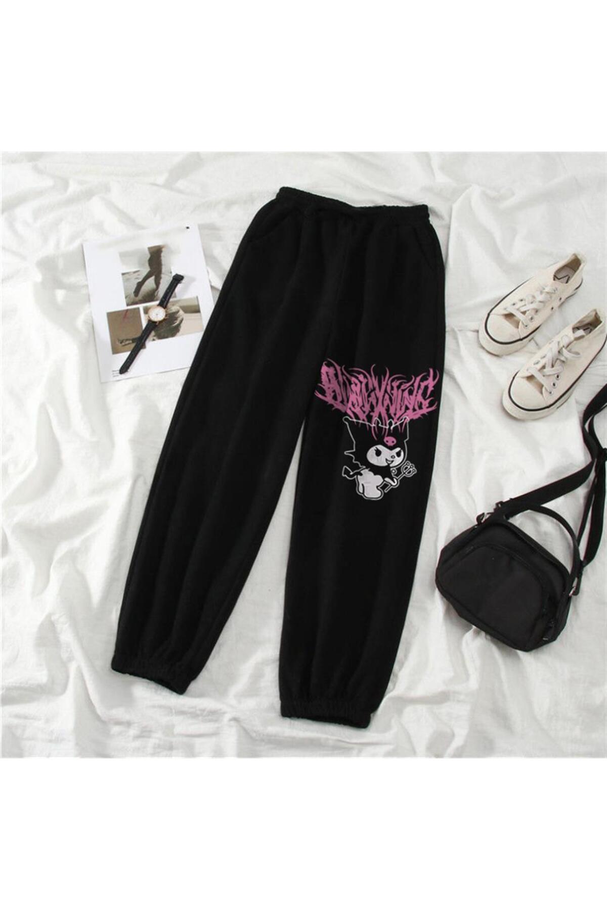 Kuromi Pink Baskılı Oversize Unisex Siyah Eşofman Altı