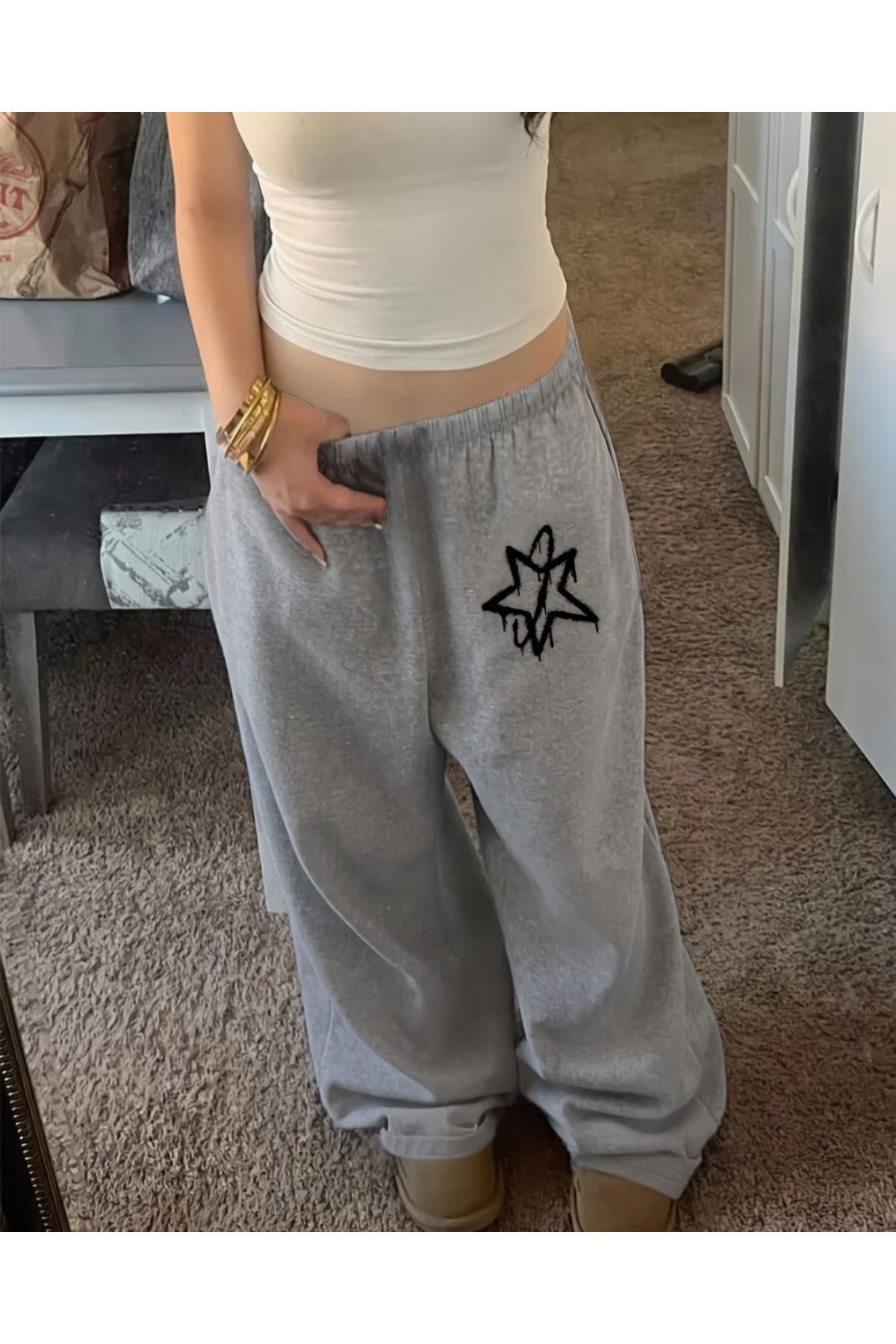 Star Baskılı Oversize Baggy Unisex Eşofman Altı