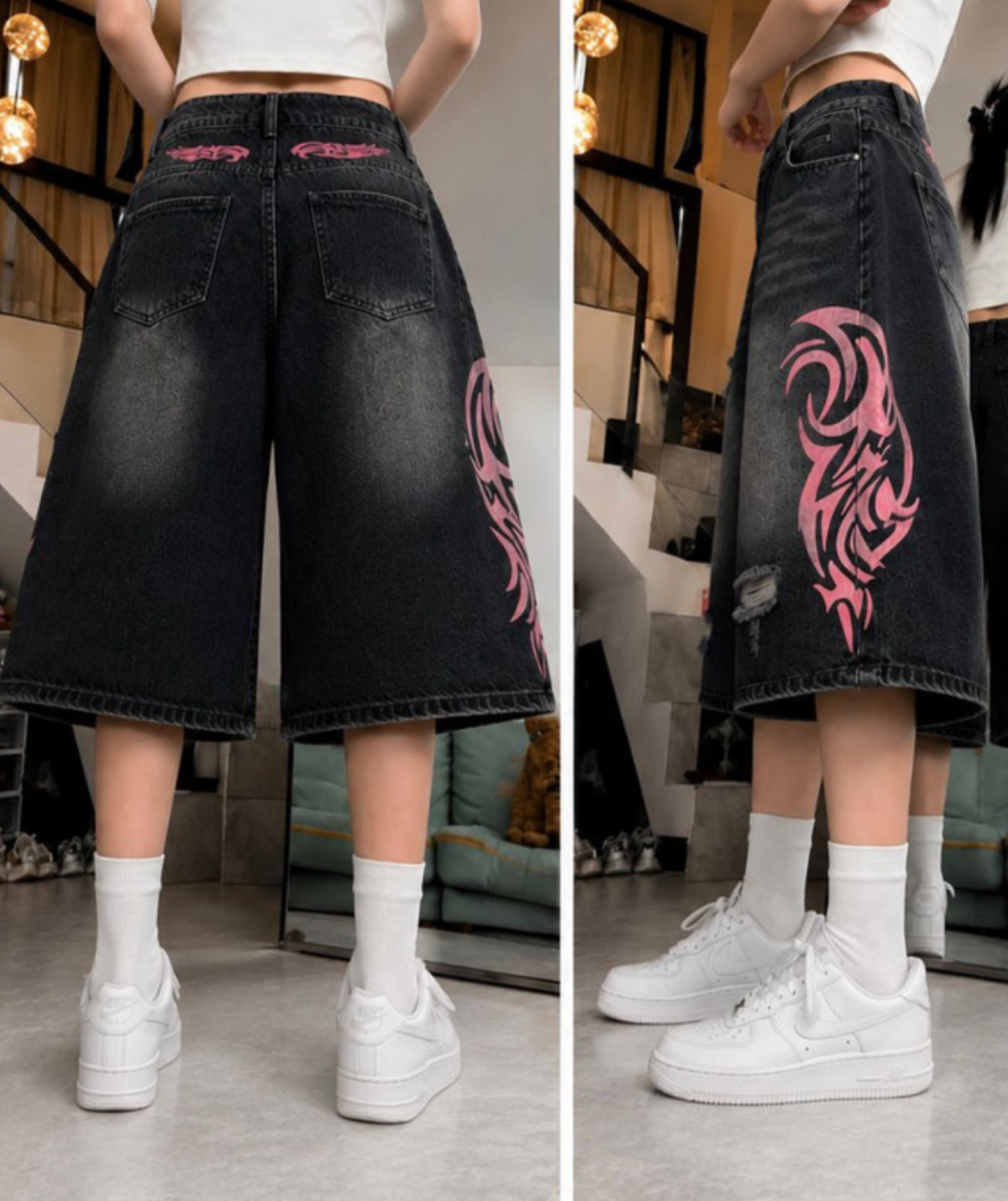 Siyah Taşlamalı Grunge Pembe Tribal Baskılı Harajuku Y2K Unisex Şort