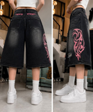 Siyah Taşlamalı Grunge Pembe Tribal Baskılı Harajuku Y2K Unisex Şort