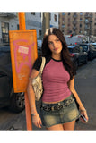 Retro Grunge Renkli Raglan Kol Slim Basic T-Shirt - Pembe