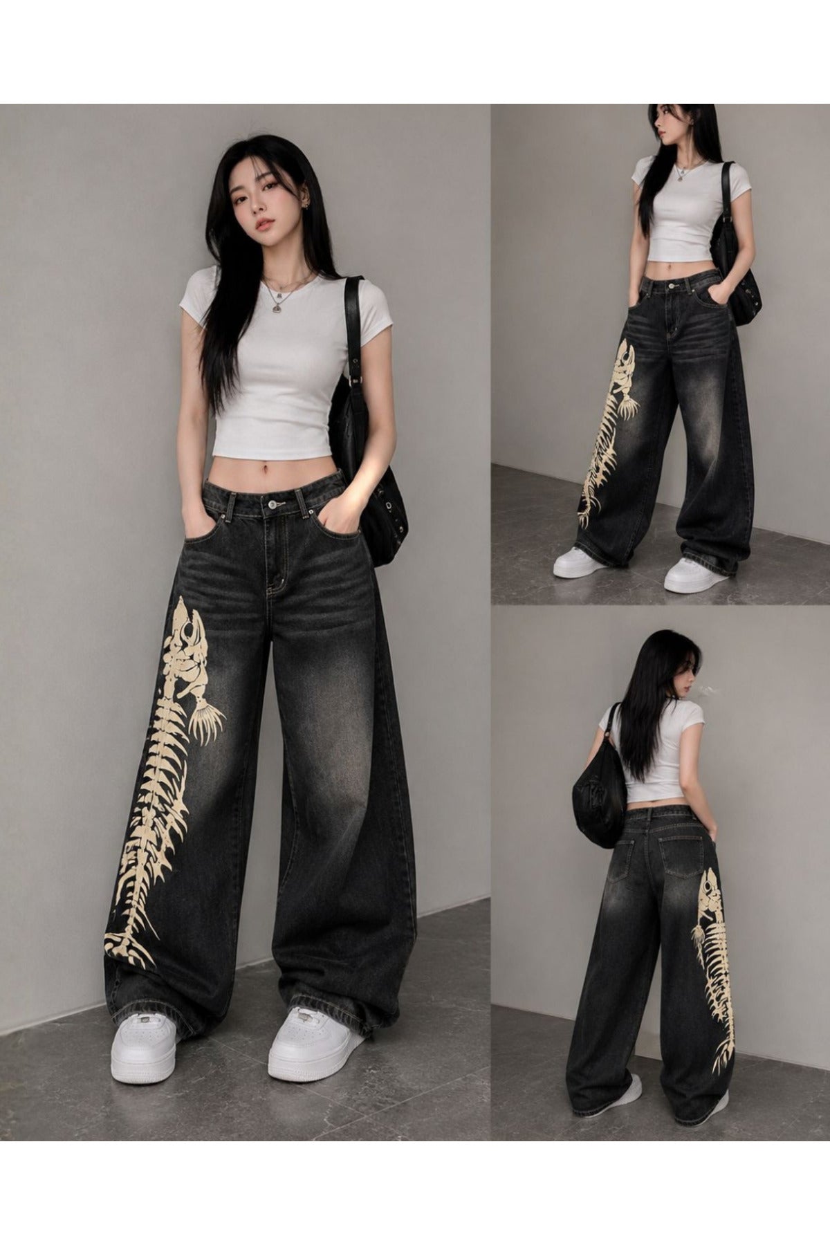 Fishbone Print Baskılı Harajuku Y2K Baggy Jean Pantolon