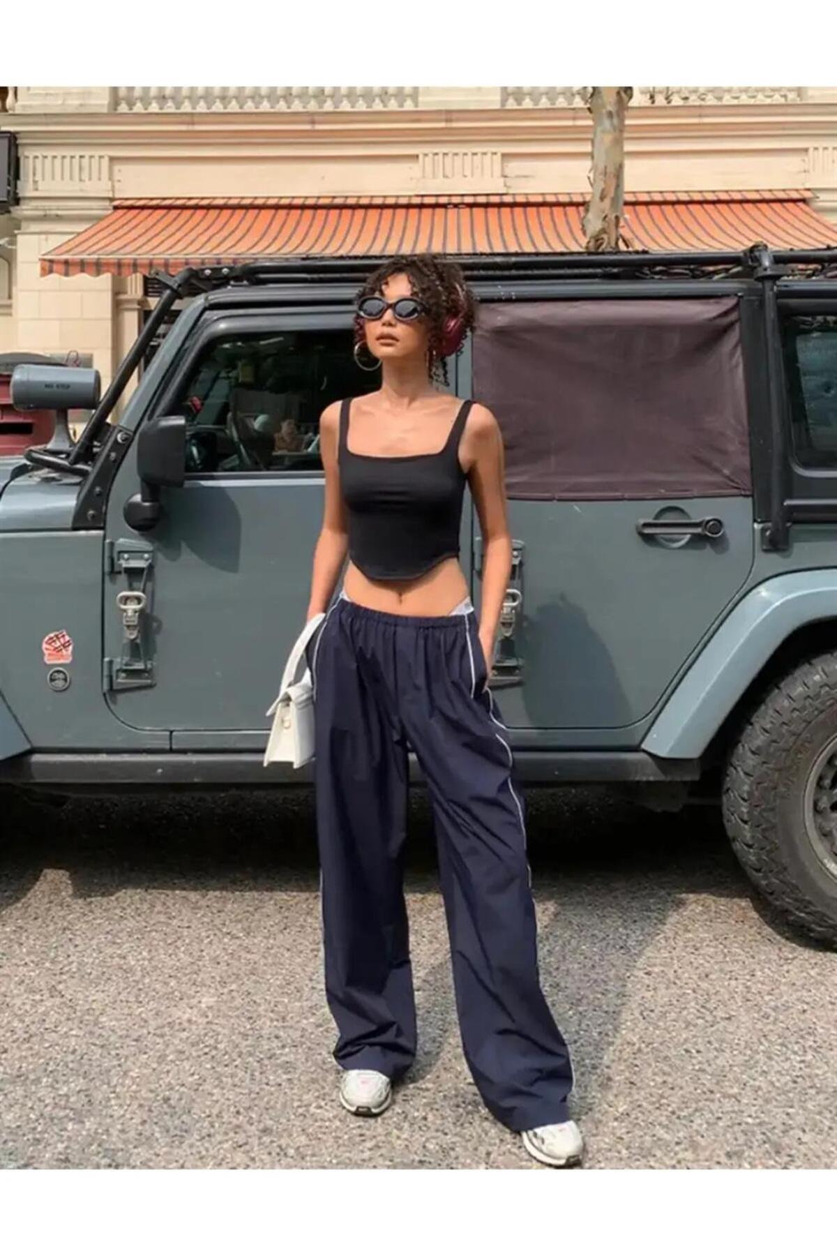 Harajuku Zip Detail Çift Çizgili Navy Blue Tracksuit Oversize Lacivert Eşofman Altı
