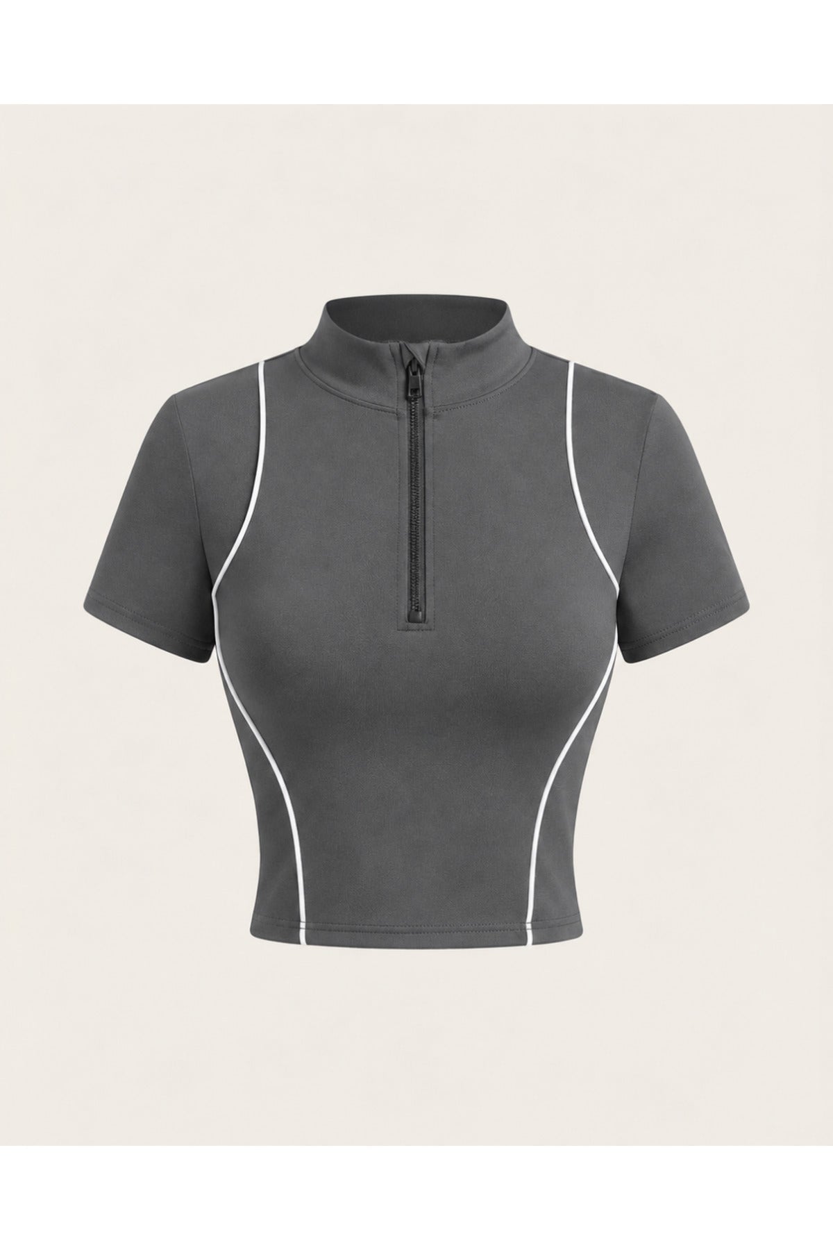 Biyeli Çizgi Detaylı Slim Fit Yarım Fermuarlı Bluz Croptop - Gri