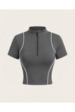 Biyeli Çizgi Detaylı Slim Fit Yarım Fermuarlı Bluz Croptop - Gri