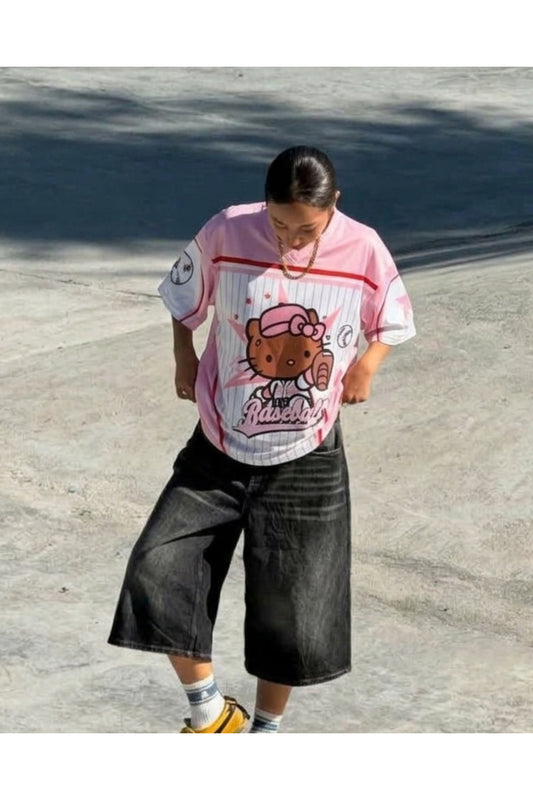 Sevimli Kedi Baseball V Yaka Forma Jersey - Pembe